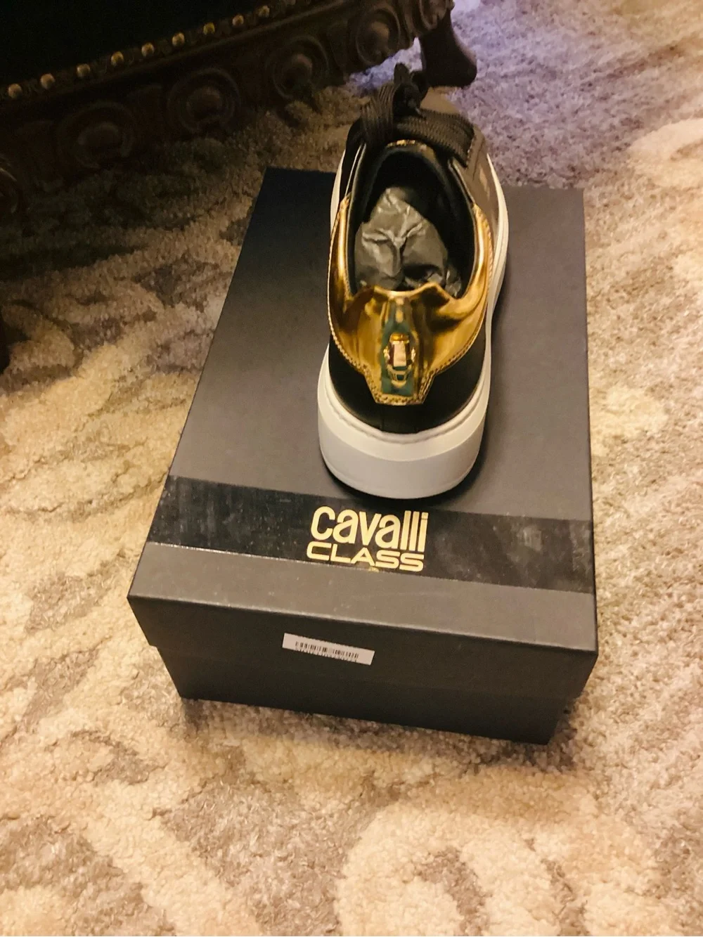 Cavalli Class Men's Black & Gold Low-Top Sneaker with White Sole